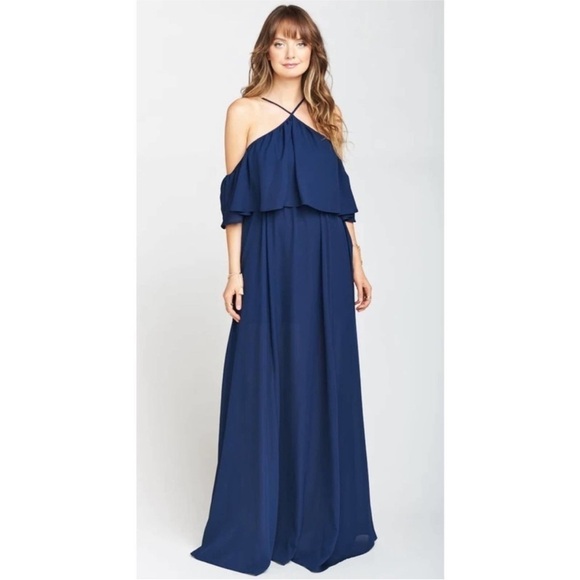 Show Me Your MuMu Rebecca Maxi Dress Navy Blue Chiffon Off the Shoulder XS - Picture 1 of 10